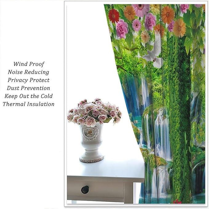 Jungle Nature Blackout Window Curtains, Trees Scenic Waterfall and River Spring Pattern Print Window Drapes, for Living Room Bedroom 63x63in 2 Panels