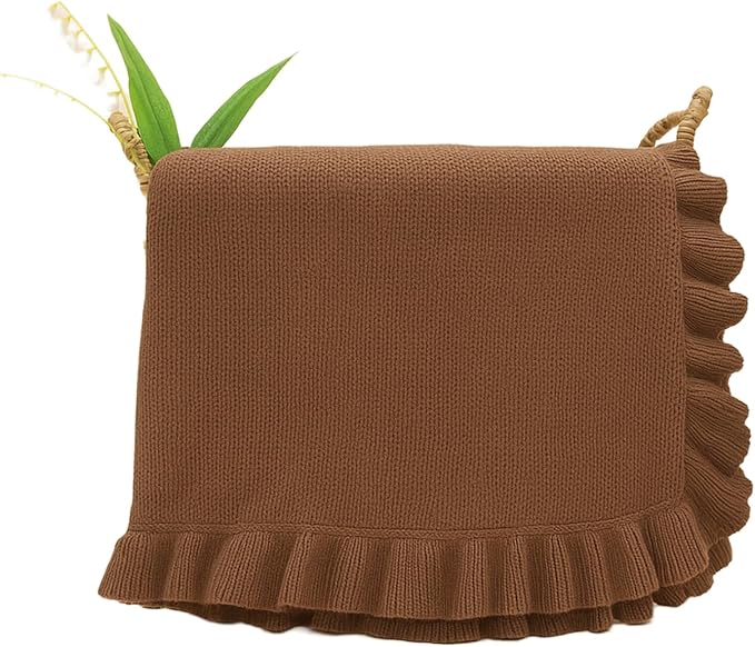 Cotton Baby Blanket with Ruffle Edge Soft Breathable Newborn Blanket for Boys & Girls, Lightweight Knit Throw for Crib, Stroller & Nursery Multiple Colors Available Mocha 28x36