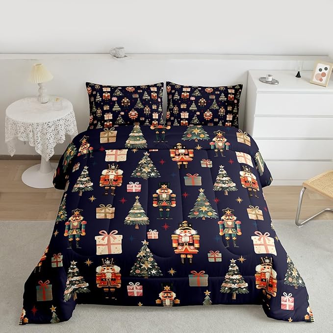 jejeloiu Xmas Nutcracker Comforter Set Queen Size Christmas Dark Blue Bedding Set for Kids Boys Girls Cute Snowflakes Duvet Quilt Bedroom Decor