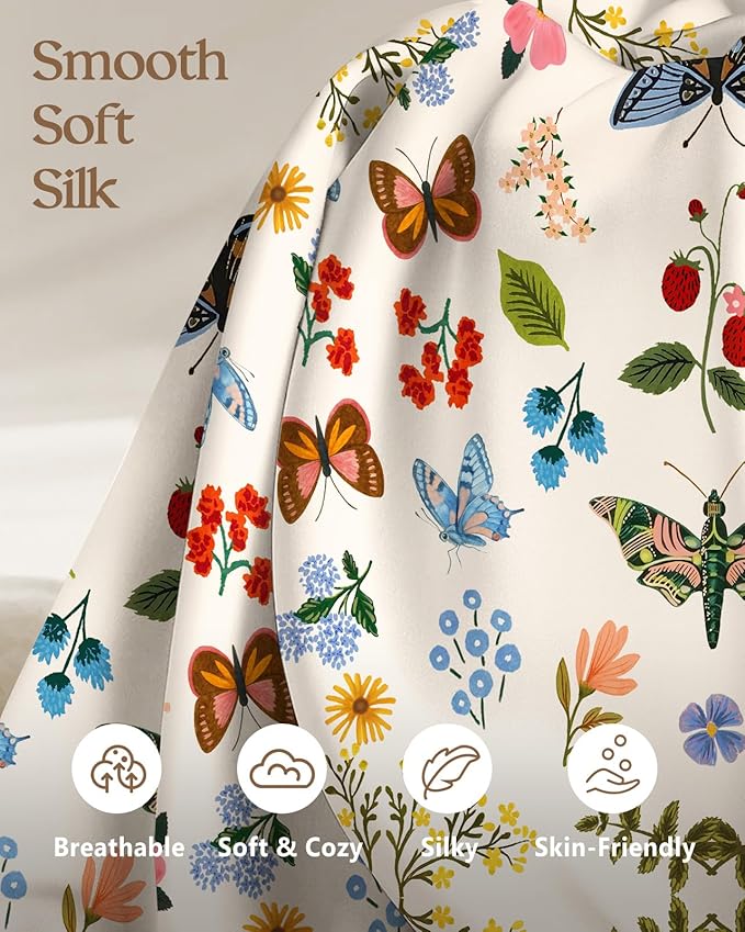 Silk Pillowcase 2 Pack - Pillow Cases 20" x 30" Queen Size Set of 2 for Hair and Skin Smooth Soft Breathable with Hidden Zipper Cooling Pillow Covers for Sleeping, Butterfly Leaf