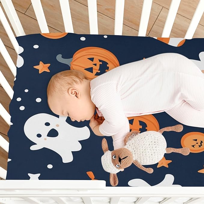 Crib Sheet, Unisex Crib Sheet, Soft and Comfortable for Standard Crib and Toddler Mattress, Ghosts and Halloween Pumpkins