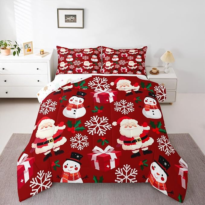 jejeloiu Merry Christmas Comforter Set Full Size Xmas Santa Claus Bedding Set for Kids Boys Girls Cute Snowman Duvet Quilt Red Bedroom Decor