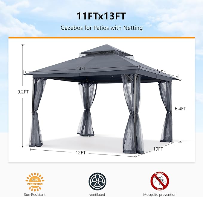 ABCCANOPY Outdoor Patio Gazebo 11x13 - Double Roof Canopy with Mosquito Netting for Backyard, Deck, Garden, Lawn, Dark Gray