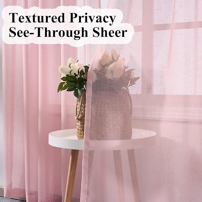 Blush Pink Sheer Curtains 108 Inches Long, Linen Look Textured Light Filtering Drapes for Girls Room, Light Pink Transparent Window Decor, Floor to Ceiling Pinch Pleat Curtain with Hooks