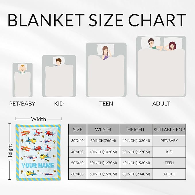 Personalized Cute Airplane Throws for Kids - 40" x 50" Inches Soft Cozy Throw Blanket Gift for Boys, Teens - Flannel Blankets for Crib, Couch, Sofa