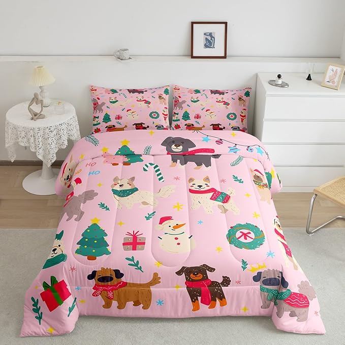 Erosebridal Cute Dog Comforter Set Queen Size Puppy Dog Cartoon Xmas Bedding Set Christmas Tree Quilts for Kids Boys Girls Bedroom Decor Snowman Duvet Insert with 2 Pillow Cases