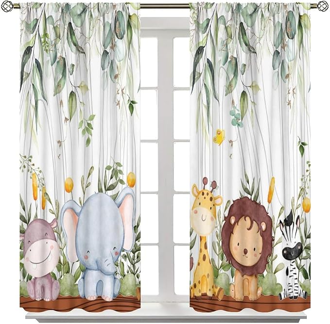 YCness Forest Animal Curtains, Watercolor Wild Animal Bear Fox Deer Kids Window Treatments for Living Room Bedroom, Green Woodland Tree Kids Drapes 2 Panel Sets,42x45 Inch
