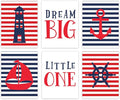 Andaz Press Ocean Nautical Sailor Theme Nursery Kids Bedroom Hanging Wall Art Decor, 8.5x11-inch, Red Blue Stripes, Boat, Anchor, Lighthouse, Whale, 6-Pack, Unframed Room Poster