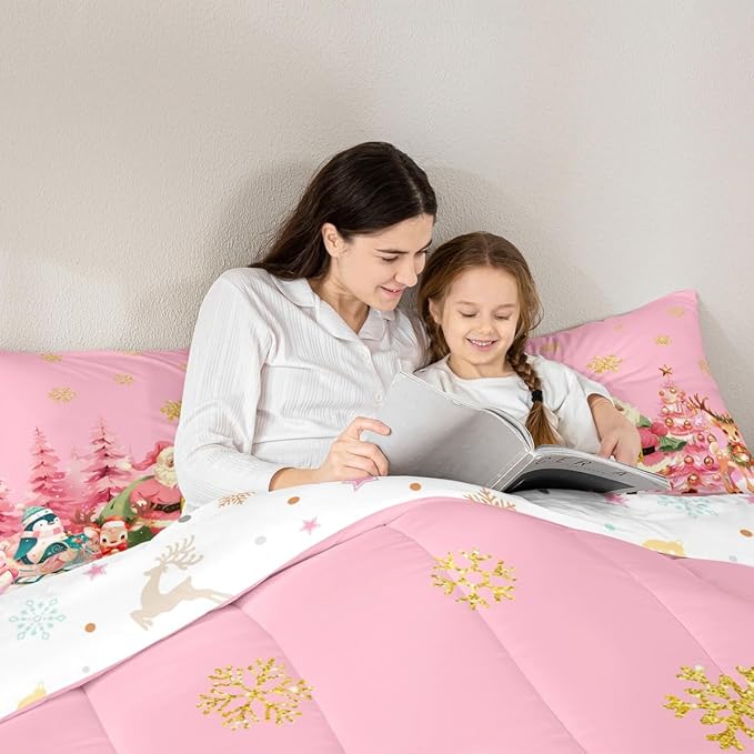 jejeloiu Merry Christmas Comforter Set Toddler Size Santa Claus Bedding Set for Kids Boys Girls Cute Deer Duvet Quilt Pink Bedroom Decor