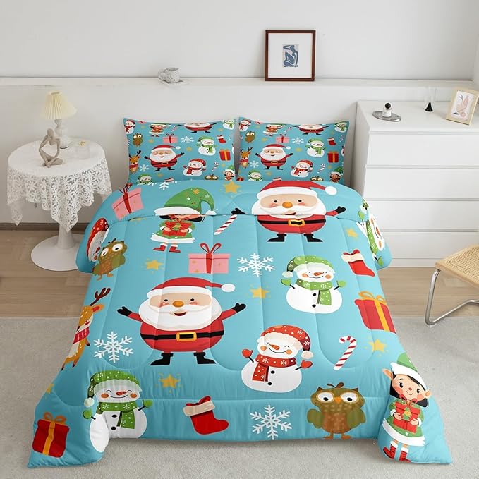 Erosebridal Merry Christmas Comforter Set Cartoon Santa Claus Quilts King Size Holiday Snowman Deer Elk Bedding Set Xmas Decor for Kids Boys Teens Cute Owl Animal Down Comforter,Blue