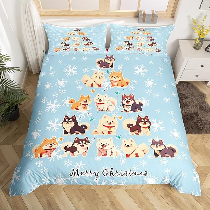 Xmas Tree Duvet Cover Set Queen Size, Cute Christmas Dogs Print Comforter Cover with 2 Pillowcases, New Year White Snowflake Print Bedding Set 3pcs for Kids Boys Girls Bedroom Decor,No Comforter