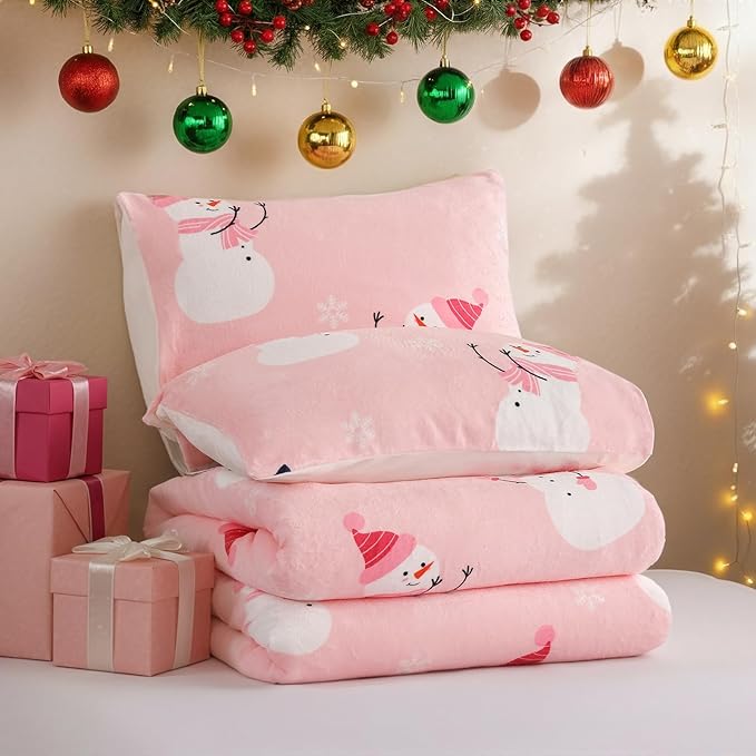 JANZAA Christmas Comforter Set Queen, Pink Flannel Comforter with Snowman Pattern, Soft Cozy Lightweight Bedding Set Fluffy Comforter Set 1 Queen Comforter(90"*90") and 2 Pillowcases (20"*26")