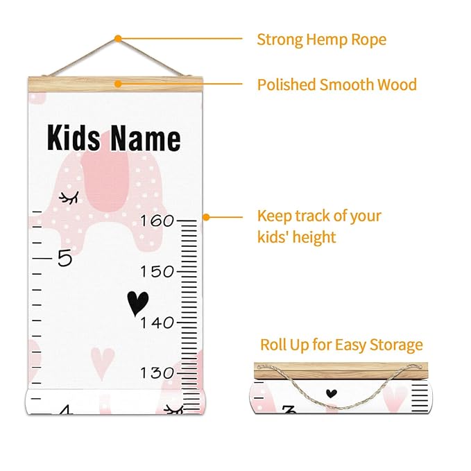 Personalized Kids Name Growth Chart Ruler for Wall Wood Frame Height Measure Chart 13.4x56 in Linen Hanging Height Growth Chart Pink Elephant Kids Room Decor