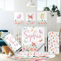 Personalized Baby Crib Bedding Set for Girls, 5 Pcs Pink Butterfly Crib Set for Baby, Custom Name Double Layer Nursery Bedding Sets for Infant Toddlers, Customized Gifts for Newborns
