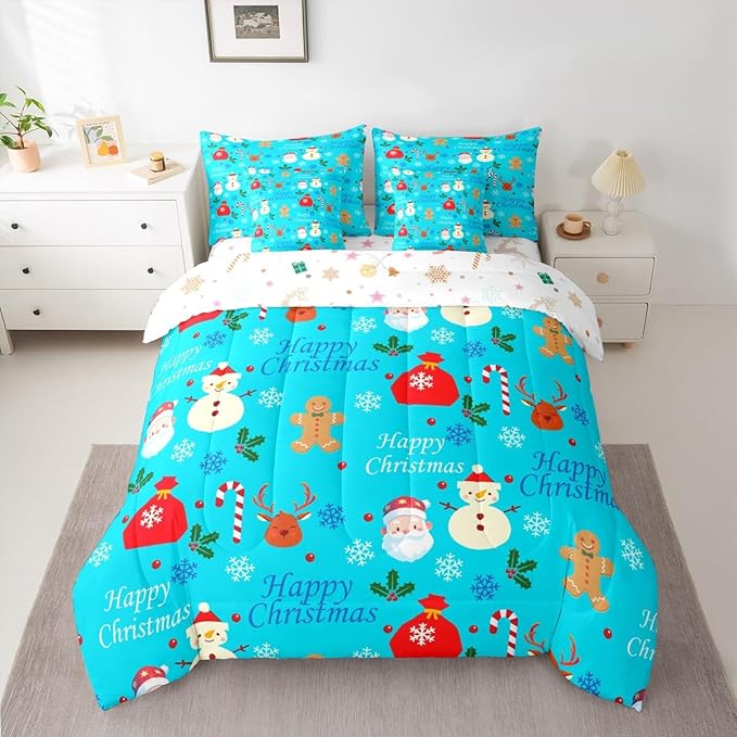 Christmas Deer Comforter Set With Sheets 7 Piece Queen Size Cute Gingerbread Man Bedding Set for Kids Boys Girls Christmas Santa Claus Bed in a Bag Reversible Xmas Decor Room Decor Soft Lightweight