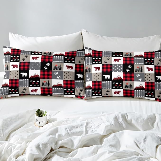 Manfei Christmas Duvet Cover Set Full Size Cute Bear Tree Print Comforter Cover Geometric Checkered Bedding Set 3pcs for Kids Boys Girls Cartoon Animal Bedspread Cover with 2 Pillowcases,No Comforter