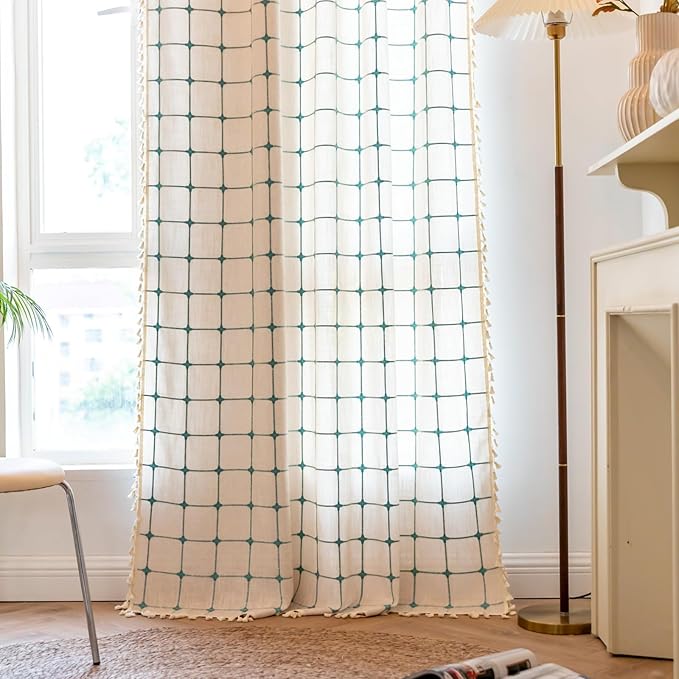 Deeprove Boho Curtains 63 Inches Length for Kitchen Cafe, Cotton Linen Plaids Beige Turquoise Teal Embroidery Semi Blackout Bohemian Farmhouse Window Treatment Grids Drape Tassels, 1 Panel W52 x L63