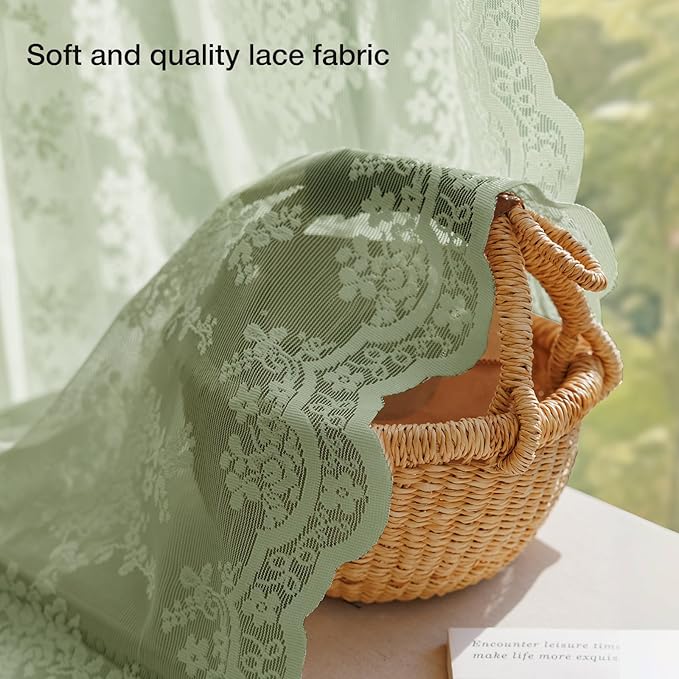 Anmao Vintage Sage Green Lace Curtains 63 Inches Long 2 Panels Sets, Romantic Light Filtering Semi Sheer Floral Thick Lacy Curtain Drapes for Living Room and Bedroom, Each Panel 55W x 63L, Sage Green