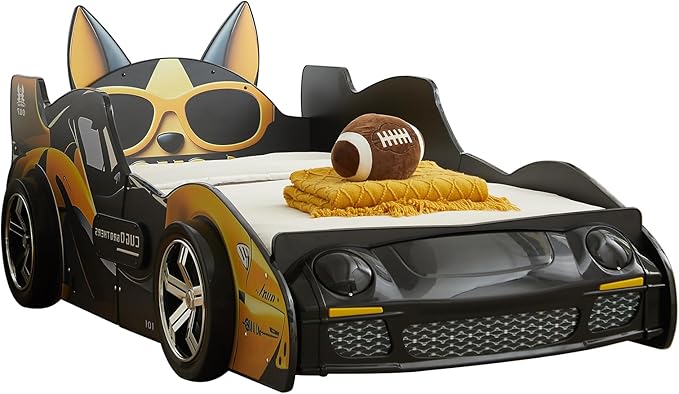 HMFULE Twin Bed Frames for Kids, Wood Cartoon Dog Race Car -Shaped Bed Frame Platform with Wheels LED Lights & Slat Support for Toddler, Teens, Boys or Girls, No Box Spring Needed (Black Yellow)