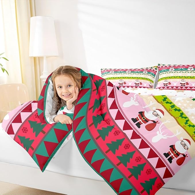 Feelyou Merry Christmas Tree Bedding Set Soft for Boys Girls, Cute Snowman Comforter Set Toddler Size Santa Claus Duvet Quilt Microfiber Cartoon Bowknot Bedroom Decor 2 Pcs with 1 Pillow Cases