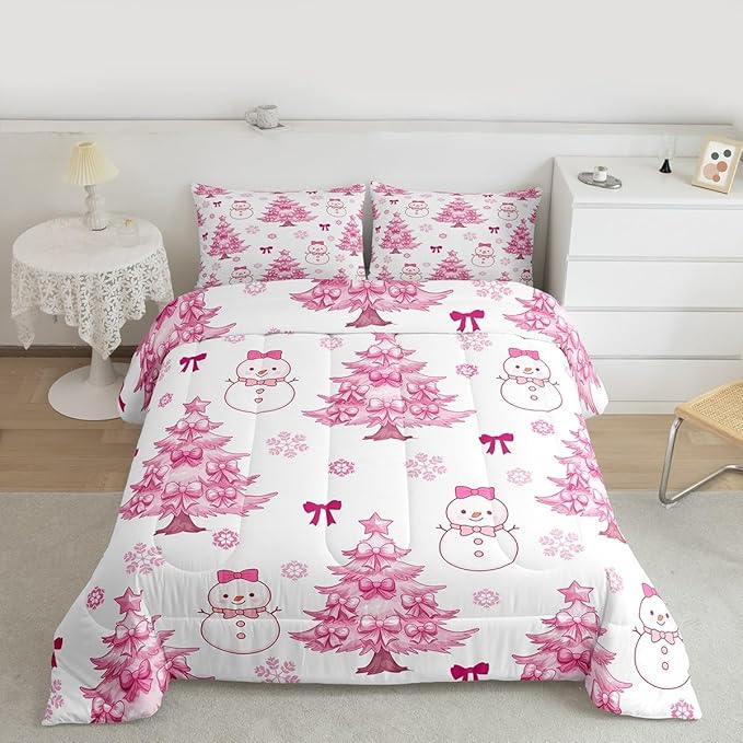 Feelyou Merry Christmas Kids Comforter Set Twin Size Cute Snowman Bedding Set Cartoon Bowknot Duvet Quilt for Kids Boys Girls Bedroom Christmas Tree Decor Microfiber Ultra Soft Breathable