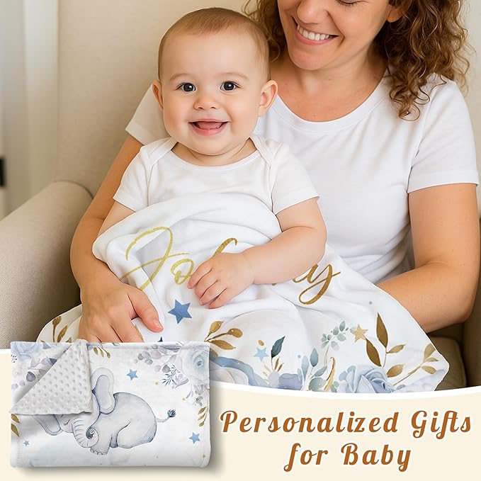 Personalized Baby Blanket for Boys Girls, Custom Baby Blanket with Name, Flannel Blue Elephant Blanket Personalized Gifts for Kids Newborn Infant, Ideal for Birthday Baby Shower(60" x80)