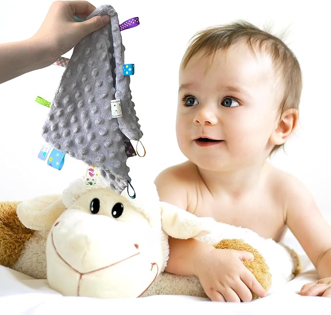 CREVENT Cozy Plush Baby Security Blanket Loveys for Baby Boys and Girls, Minky Dot Front + Sherpa Backing with Animal Head (Grey Elephant + Tag)