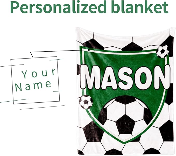 Personalized Soccer Blanket with Name for Boys, Custom Name Blanket for Teen, Soft Flannel Soccer Customized Gift for Birthday 50"x60"