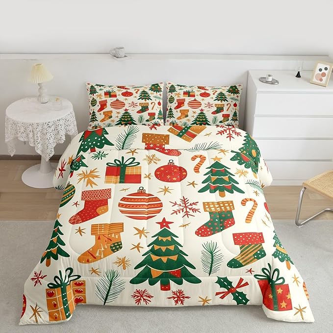 Feelyou Christmas Comforter Set All Season Xmas Tree Bedding Set with 2 Pillow Cases New Year Gift Microfiber Kids Queen Bedclothes Christmas Stockings Bedroom Decor Duvet Quilt Breathable Soft