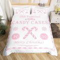 jejeloiu Christmas Bedding Set King Size Kids Christmas Quote Comforter Cover Set for Boys Girls Teens Candy Canes Print Duvet Cover Xmas Bedspread Cover Room Decorations Pink Quilt Cover