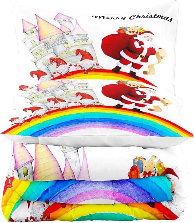 LUVIVIHOME 2PCS Merry Christmas Comforter Set Twin Size, Funny Santa Claus Bedding, Gnome Castle Rainbow Christmas Bedroom Decor for Kids Girls Boys Teens, White Quilt, Xmas Gifts, 1 Pillow Sham