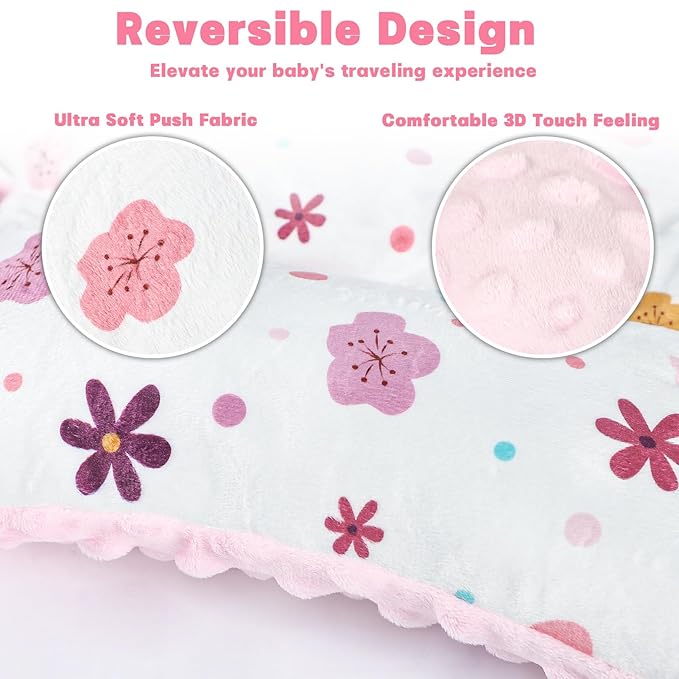 Infant Car Seat Insert with 3 Strap Covers, 3 in 1 Reversible Floral Baby Car Seat Head Support for Newborn, Baby Girl Newborn Essentials for Preemie to Infant, Stroller, Swing, Bouncer (Pink)