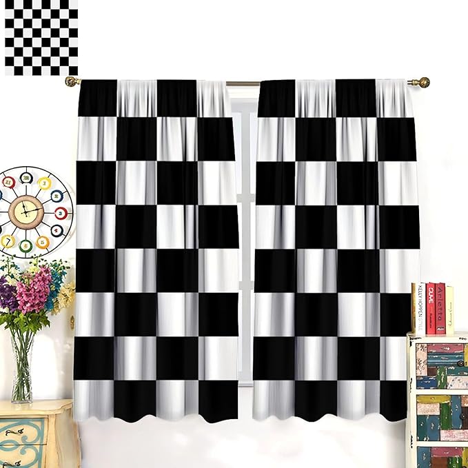 Black Checkered Curtains,70s Vintage Twisted Checkered Window Drapes Colorful Groovy Trendy Wavy Hippie Grid Print Window Treatments for Kids Boy Bedroom Living Room 63" W X 72" L
