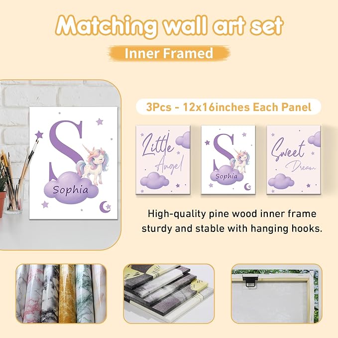 5 Piece Customized Crib Bedding Set for Girls - Custom Name Baby Crib Purple Unicorn Nursery Bedding Set with Soft Blanket, Fitted Sheet, Rug, Personalized Gifts for Toddlers, Newborns, Infants