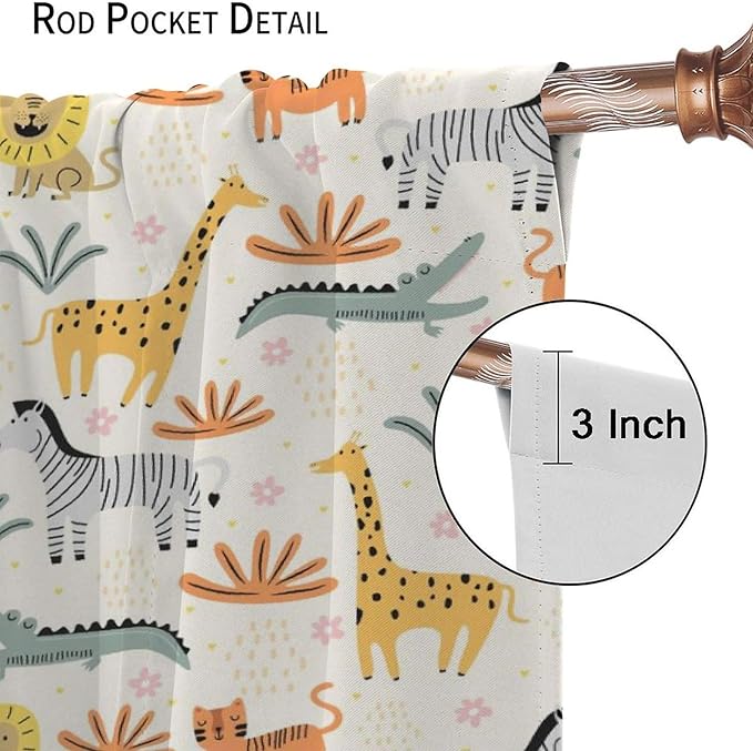 Wild Animals Curtains, Cute Cartoon Animals Zoo with Lion Zebra Crocodile Cat and Giraffe Tropical Jungle Plant Print Window Treatments for Kids Boys Girls Bedroom Living Room 63x72in