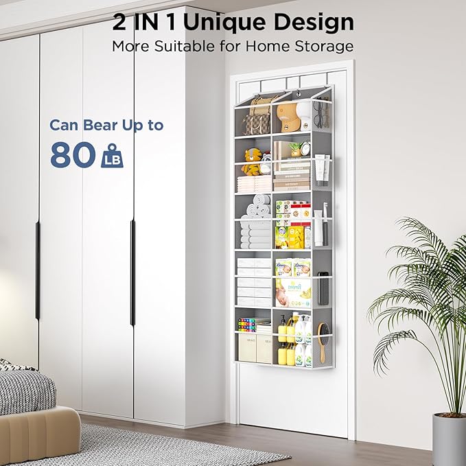 PureSpace 5-Tier Over The Door Organizer with 10 Side Mesh Pockets & Clear Windows, 80 lb Weight Capacity Hanging Storage for Bathroom, Bedroom, Nursery, Kitchen, Organizer Toys (Grey Clear wind)