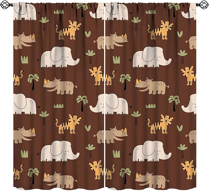 Jungle Safari Animals Blackout Curtains Cartoon Tropical Forest Animals Elephant Tiger Brown Art Print for Kids Boys Bedroom Nursery Rod Pocket Decoration Window Drapes 2 Panels W36xL63in