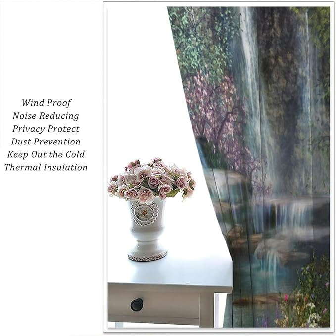 Natural Waterfall Blackout Window Curtains, Waterfalls Flowers Trees Landscape Window Drapes, for Living Room Bedroom 63" W X 72" L