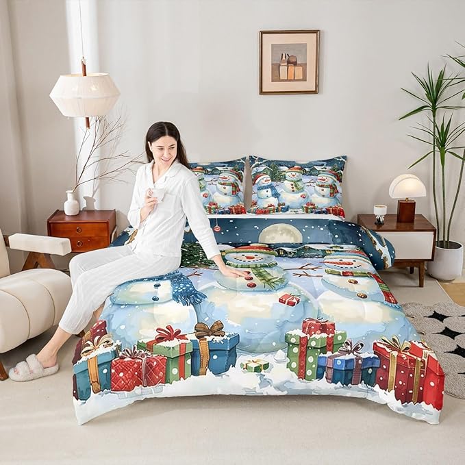 jejeloiu Kids Snowman Comforter Set Twin Size Countryside Christmas Theme Bedding Set for Boys Girls Teens Xmas Tree Snowflake Winter Happy New Year Duvet Quilt Room Decor