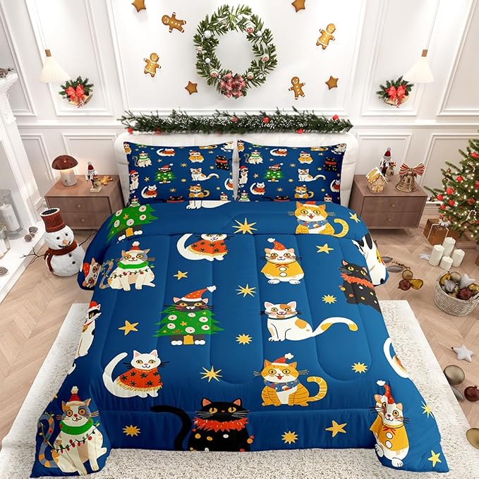 Erosebridal Merry Christmas Kids Cartoon Bedding Set King Size Cute Cat Comforter Set Xmas Tree Quilts for Teens Boys Girls Room Decor,Kawaii Animals Duvet Insert,Blue