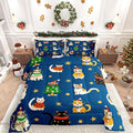 Erosebridal Merry Christmas Kids Cartoon Bedding Set Queen Size Cute Cat Comforter Set Xmas Tree Quilts for Teens Boys Girls Room Decor,Kawaii Animals Duvet Insert,Blue