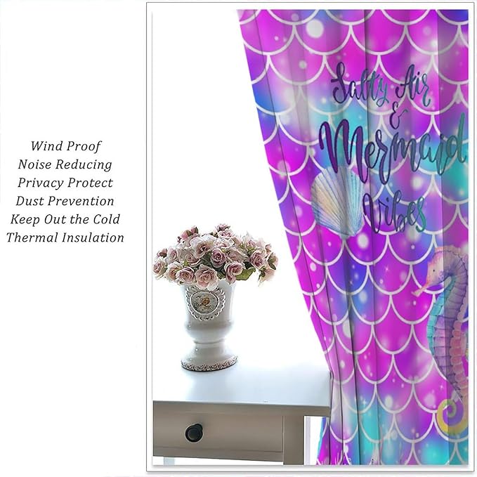 Dream Mermaid Curtains for Kids Boys Girls Ocean Theme Colorful Rainbow Fish Tail Blackout Window Treatment for Bedroom Nursery Room Decor Window Drapes 42" W X 63" L