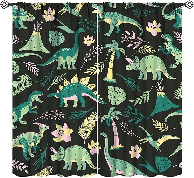 Dinosaurs Blackout Curtains Cartoon Cute Funny Dino Tropical Jungle Green Art Print for Kids Boys Bedroom Living Room Rod Pocket Decoration Window Drapes 2 Panels W26xL84in