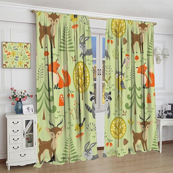 Cute Animals Curtains, Fox Bear Cartoon Wild Animals Blackout Window Treatments, Rod Pocket Thermal Insulated Drapes 2 Panel Sets for Kids Bedroom Nursery Classroom, 52" W X 84" L