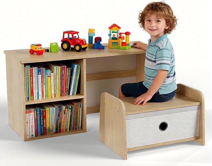 Kids Bookshelf with Bench, Toddler Table with Reading Nook, Montessori Shelf with Fabric Drawer, Toy Organizers and Storage for Kids Rooms, Nursery, Playroom, Bedroom, Natural
