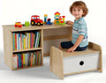 Kids Bookshelf with Bench, Toddler Table with Reading Nook, Montessori Shelf with Fabric Drawer, Toy Organizers and Storage for Kids Rooms, Nursery, Playroom, Bedroom, Natural