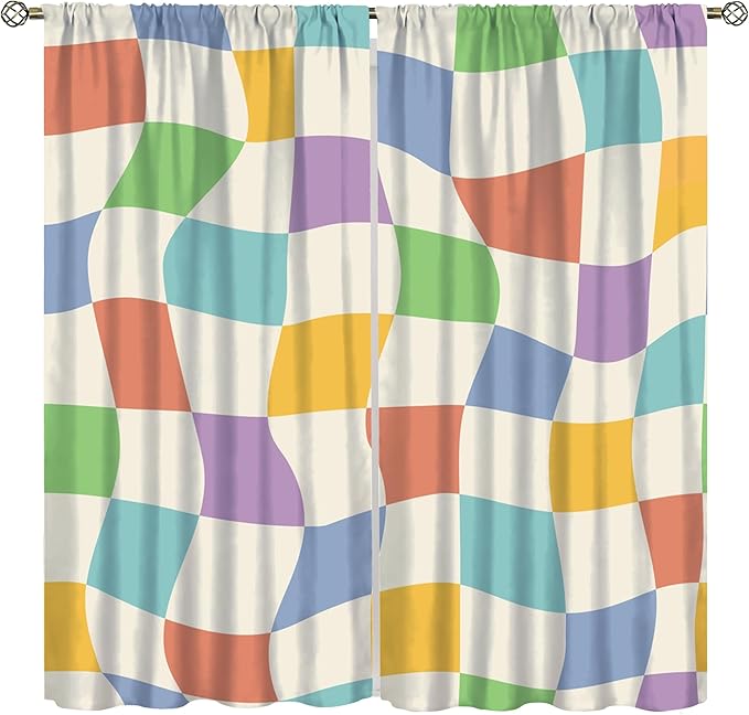 Checkered Curtains,70s Vintage Twisted Checkered Window Drapes Colorful Groovy Trendy Wavy Hippie Grid Print Window Treatments for Kids Girls Bedroom Living Room Bathroom 42" W X 54" L