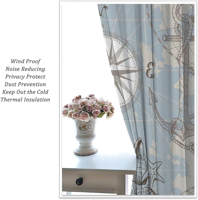 Nautical Costal Curtains, Compass Lighthouse Anchor Sailboat Pattern Blackout Print Home Bedroom Living Room Window Treatments 2 Panel Set 72x63 Inch