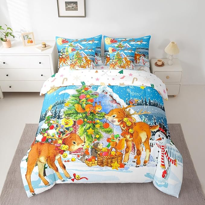 Christmas Decorations Bed in a Bag Xmas Deer Pine Tree Bed Set for Kids Boys Girls Merry Christmas Comforter Set with Sheets Winter Festival Present Bedding Set Bedding Queen Size