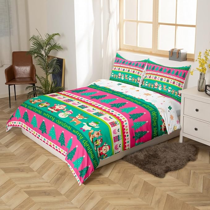 Christmas Bedding Set Cute Snowman Santa Claus Deer Comforter Cover for Kids Christmas Tree Xmas Theme Duvet Cover Breathable Pink Geometric Stripes Bedspread Cover Room Decor Quilt Cover Twin Size